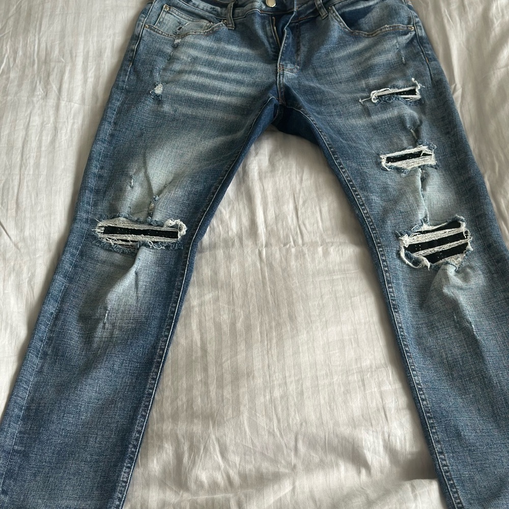 AMIRI Blue Straight Jeans with Distressed Details